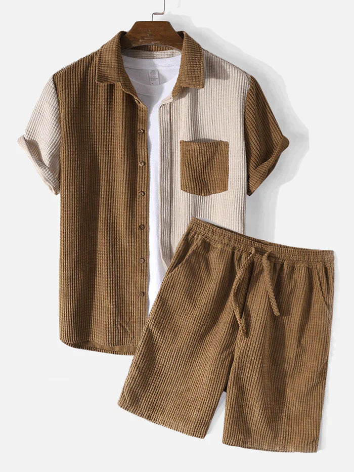 Men's Contrast Color Corduroy Short Sleeve Loungewear Two-Piece Outfits